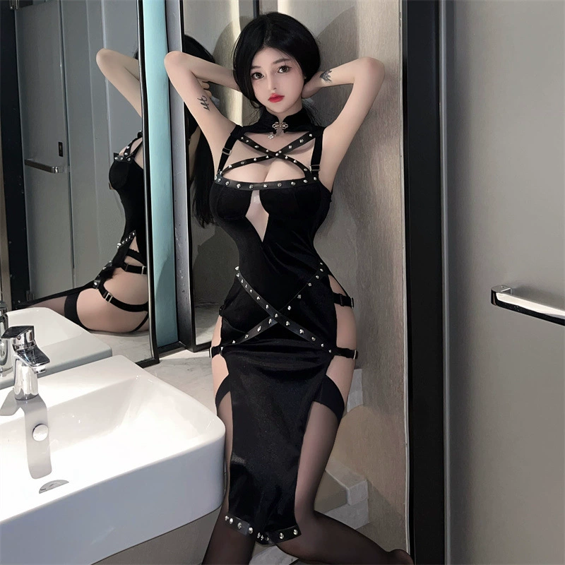 Backless Cheongsam Lingerie Cosplay Dress, Strappy Cut-Out, Black, One Size