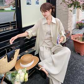 法式气质高级感防晒轻薄衬衫套装女夏季2026新款吊带阔腿裤三件套