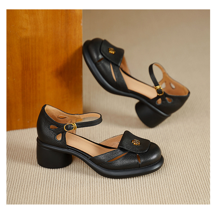 Sandal nữ đế dày 5cm gót hoa trà quai ngang khóa mũi — đen chi tiết 11