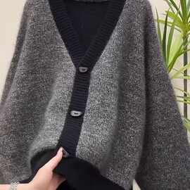 韩版女装老钱风灰色大V领针织开衫秋冬感宽松毛衣针织衫外套