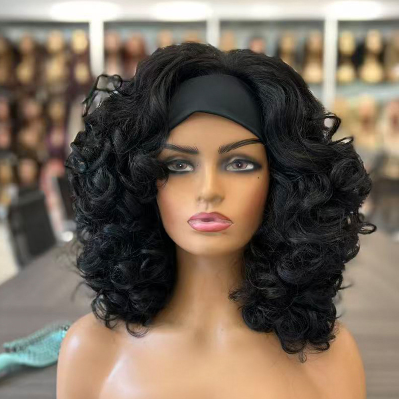 黑色冰丝发带头巾卷发高温丝假发头套Yaki Curly Headband Wigs