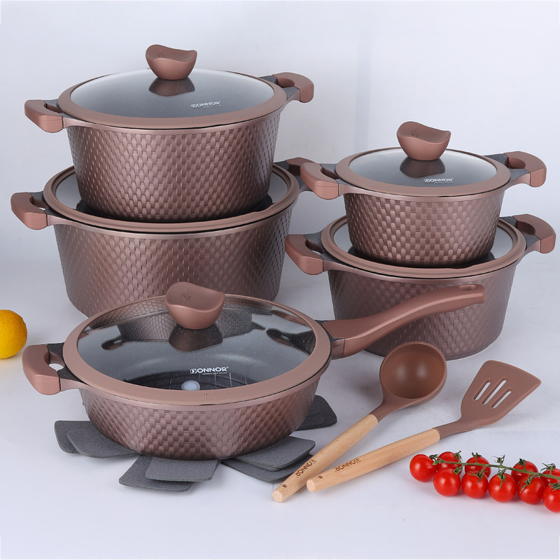 Juego de 15 piezas de patrón tejido DONNOR olla antiadherente de fundición a presión de aluminio de vidrio de baquelita olla de aluminio olla de sopa piedra médica granito
