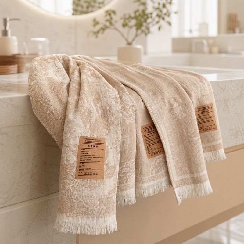 Raindrop Hemp Towel Three-Piece Set: Hemp Vintage Jacquard Tassel Face Towel, Absorbent Household Face and Hair Towel