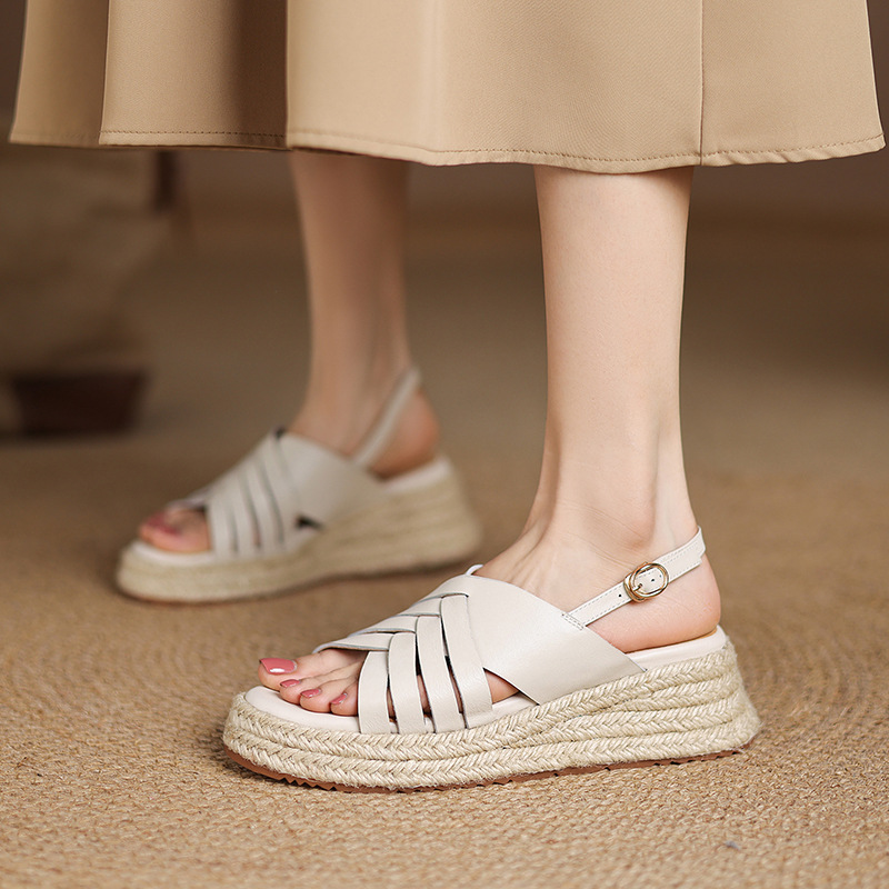 Comfortable casual straw woven leather sandals platform wedge heel…