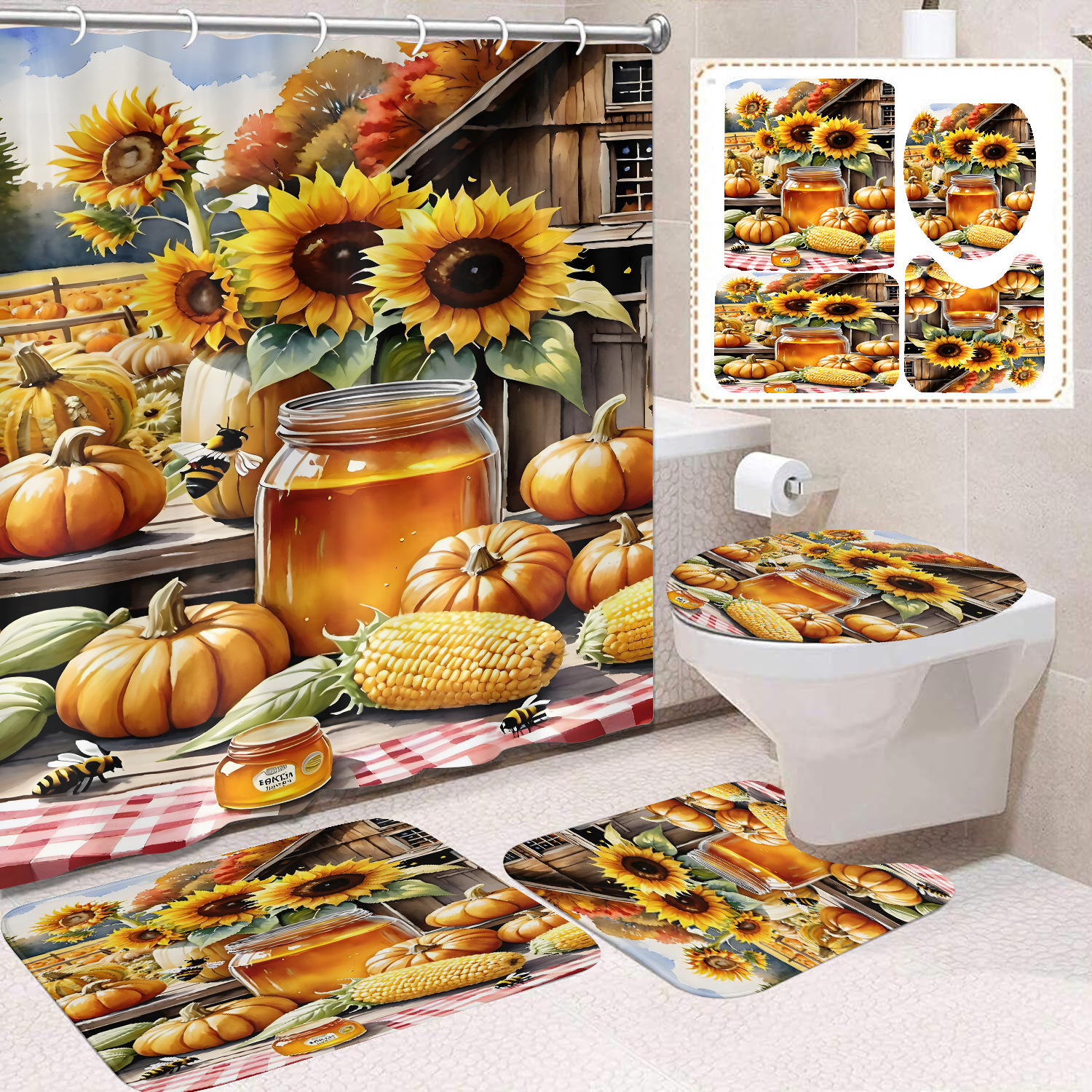 Cortina de ducha de Acción de Gracias, cosecha de otoño, serie de calabaza, cortina de ducha, cortina de baño, cortina de baño impermeable de poliéster, cortina de baño de cuatro piezas image 35