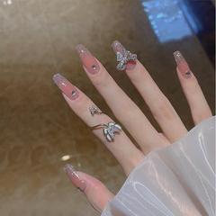 美甲穿戴款蝴蝶結帶鑽法式氣質美甲片中長款假指甲貼片可拆卸甲片