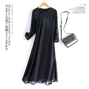 春夏新款改良顯瘦旗袍國風文藝氣質圓領剪花綃中長款桑蠶絲連衣裙