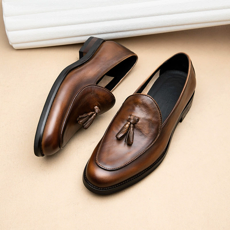 Летние кожаные туфли без шнуровки для мужчин, деловая официальная одежда, повседневная мужская обувь с бахромой в корейском стиле в британском стиле, тонкие свадебные туфли из натуральной кожи, увеличивающие рост