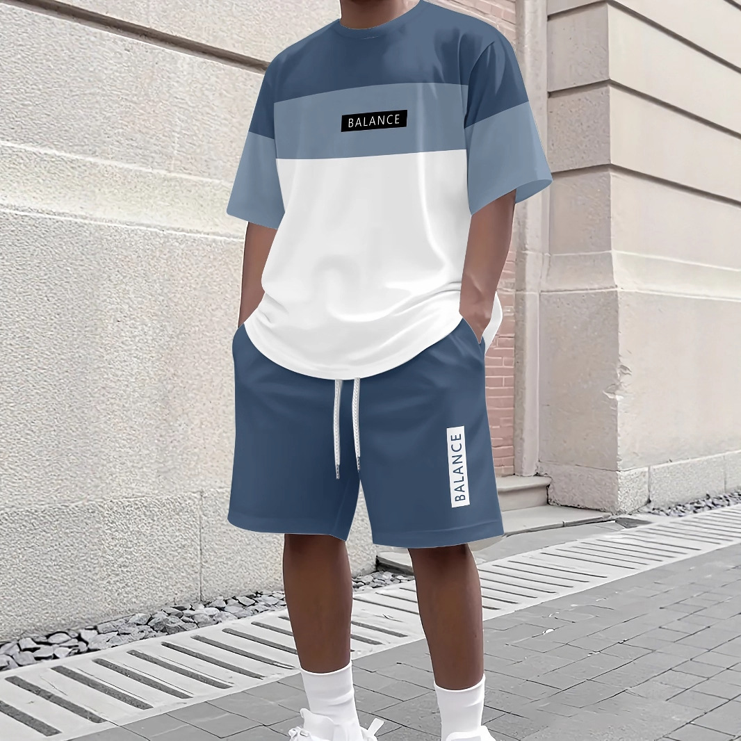 Completo estivo da uomo a due pezzi, vestibilità ampia, camicia a maniche corte e pantaloncini, taglie forti, t-shirt incluse, elegante completo basic in poliestere._voghion.com