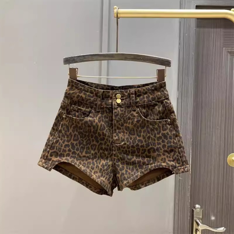 American Style Hot Girl High Waist Leopard Print Two Button Denim Shorts Women's Summer New Wide Leg Pants A- line Slimming Hot Pants