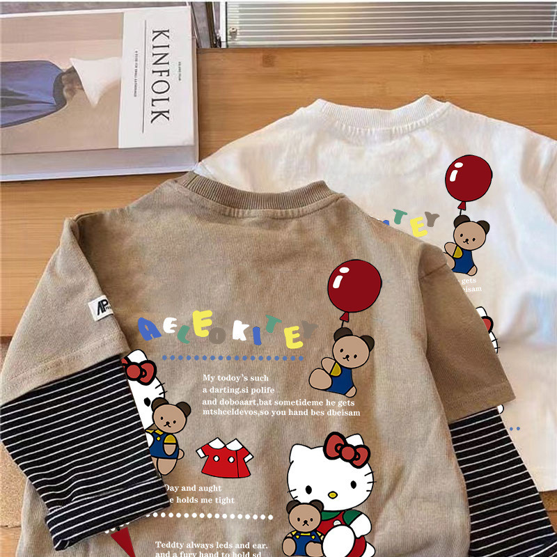 女の子長袖Tシャツ春秋子供ベビーハローキティラウンドネックボトムシャツフェイクツーピーストップt0087A008|undefined