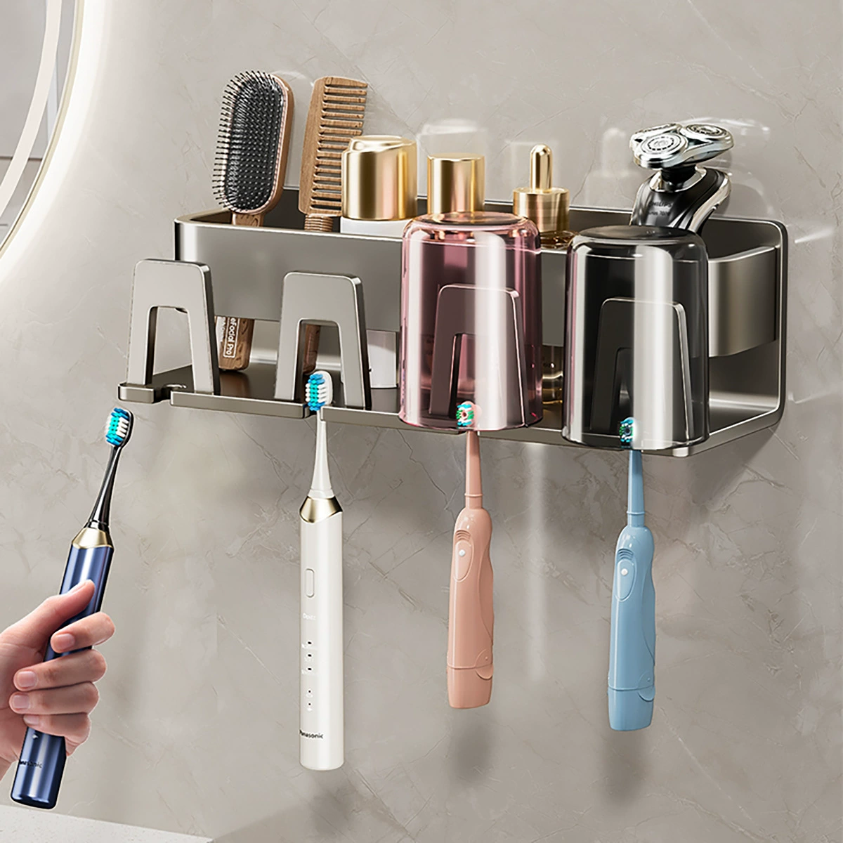 蓝藤 Punch-free gun toothbrush cup wall-mounted wall-mounted bathroom toothbrush home appliance rack toothbrush