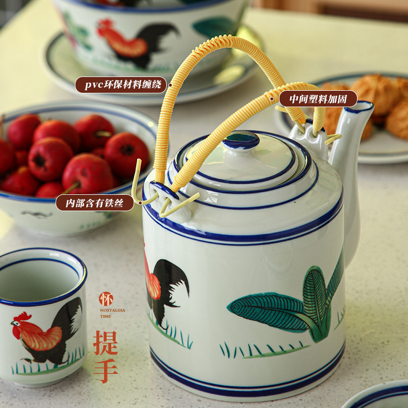 Large Rooster Teapot with Handle, Nostalgic Rooster Teapot for Hotel and Restaurant Use, Household Water Kettle with Rooster Bowl and Tea Cup