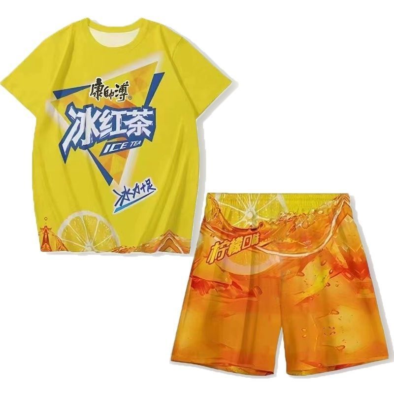 Two-Piece Summer Funny Ice Black Tea Trendy Loose Round Neck Suit That Can Be Worn as Home Clothes