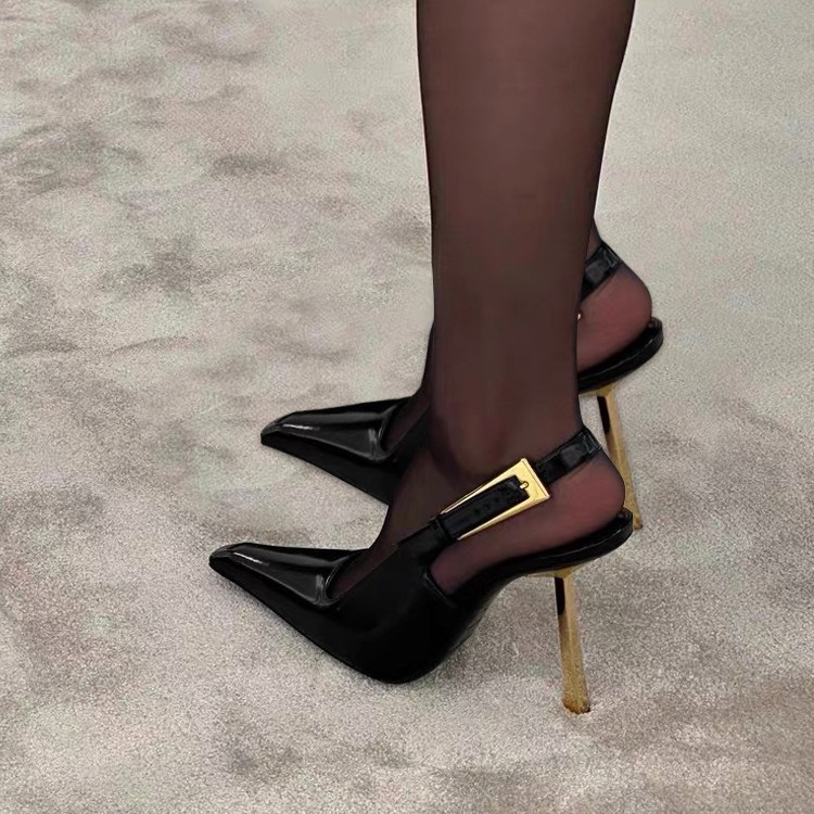 Black Pointed Toe High Heels Stiletto Heels 2025 New Style Nazha Same Style Patent Leather Sexy Metal Toe Sandals for Women