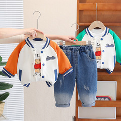 兒童裝男童寶寶秋冬季小熊外套三件套長袖加絨衛衣薄絨長褲棉批發