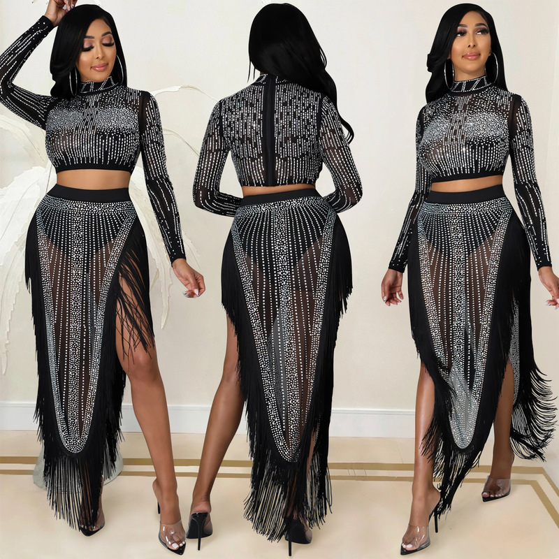 X5372 AliExpress Amazon European and American sexy nightclub rhinestone mesh transparent long sleeve split dress two-piece set