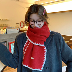 韩系锁边红色针织围巾女冬季新年圣诞节纯色百搭保暖含羊毛围脖男