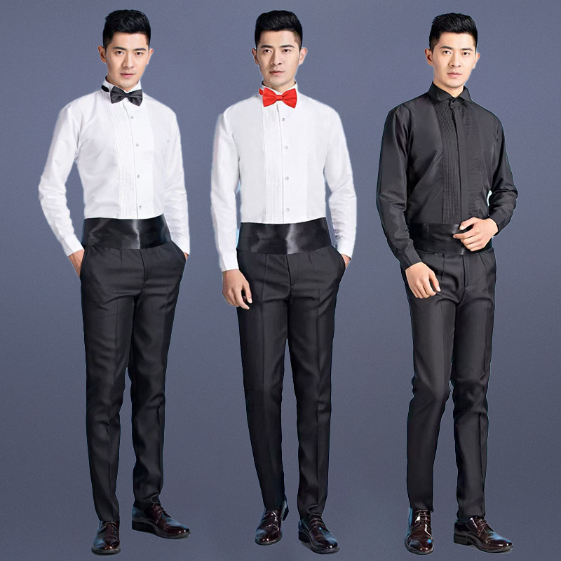 Long-Sleeved White Slim-Fit Shirt Men's Stage Chorus Performance Dress Dovetail Wedding Best Man Dress Pleated Shirt