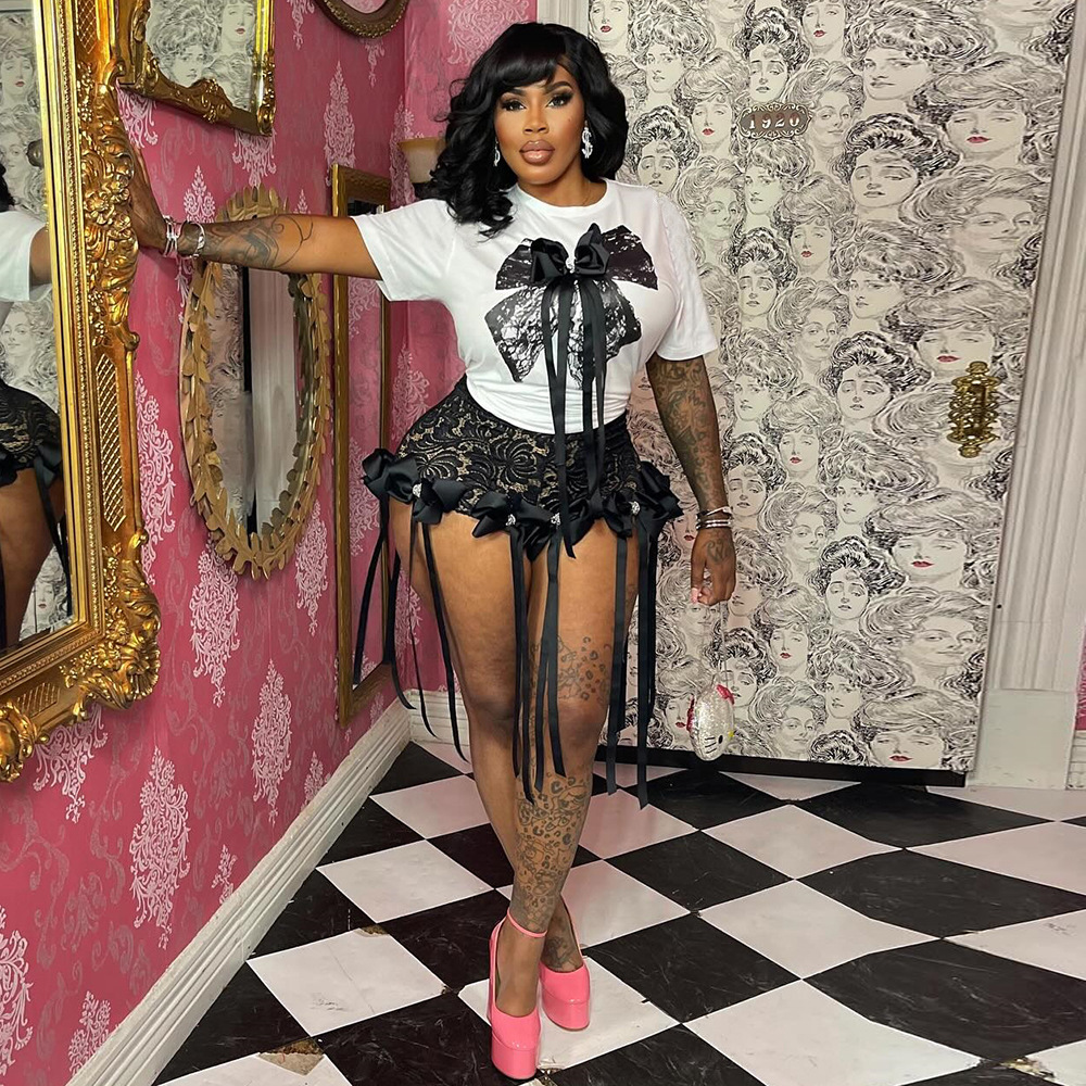 Casual A Diario Mujeres Estilo Oscuro Ropa De Calle Nudo De Lazo Spandex Poliéster Tejido De Punto Traje De Ocio Conjuntos De Pantalones Cortos display picture 21