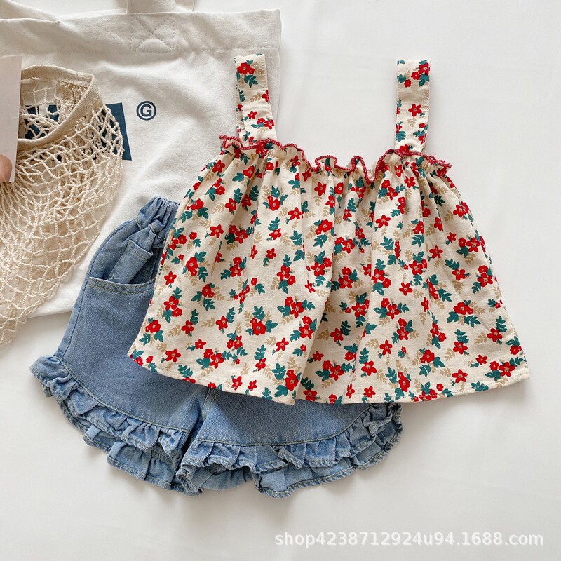Children's Summer Suit New Korean Style Internet Celebrity Style 1-3 Year Old Baby Girl Shorts Kidsren's Sling Pure Cotton Two Pieces
