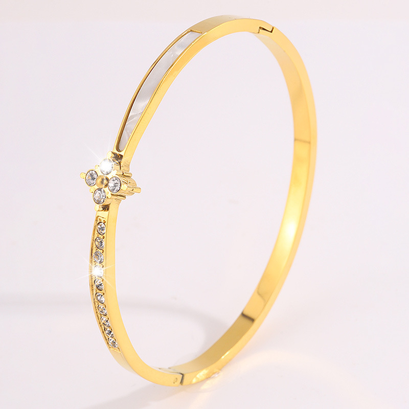 Brazalete de acero inoxidable para mujeres, brazalete de diamante floral, diseño exquisito, joyas de lujo ligero, brazalete universal.