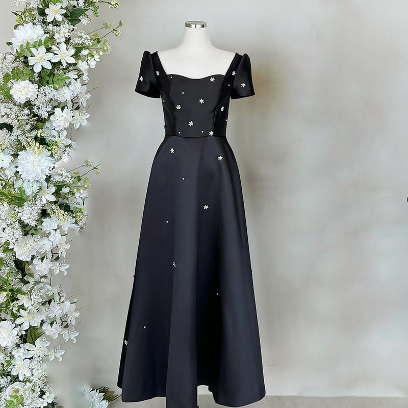 Evening Dress Korean Beaded Mid-Length Short-Sleeved Niche High-End Banquet Host Elegant Dress Light Wedding Dress for Women