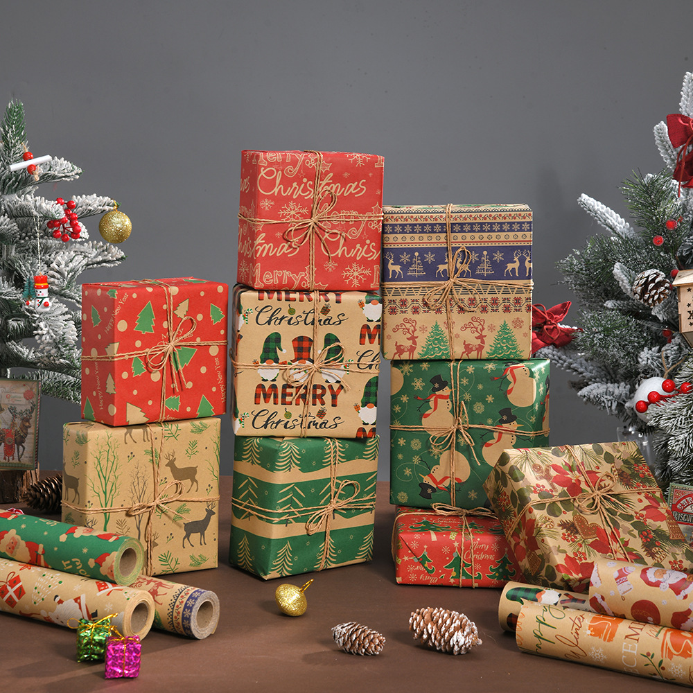跨境新款大尺寸牛皮纸包装纸圣诞卷装礼物包装纸圣诞老人礼物盒纸