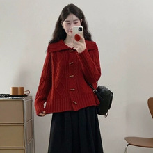 白枕鹤红色加厚毛衣外套女宽松慵懒风秋冬新款韩版显瘦外搭针织开