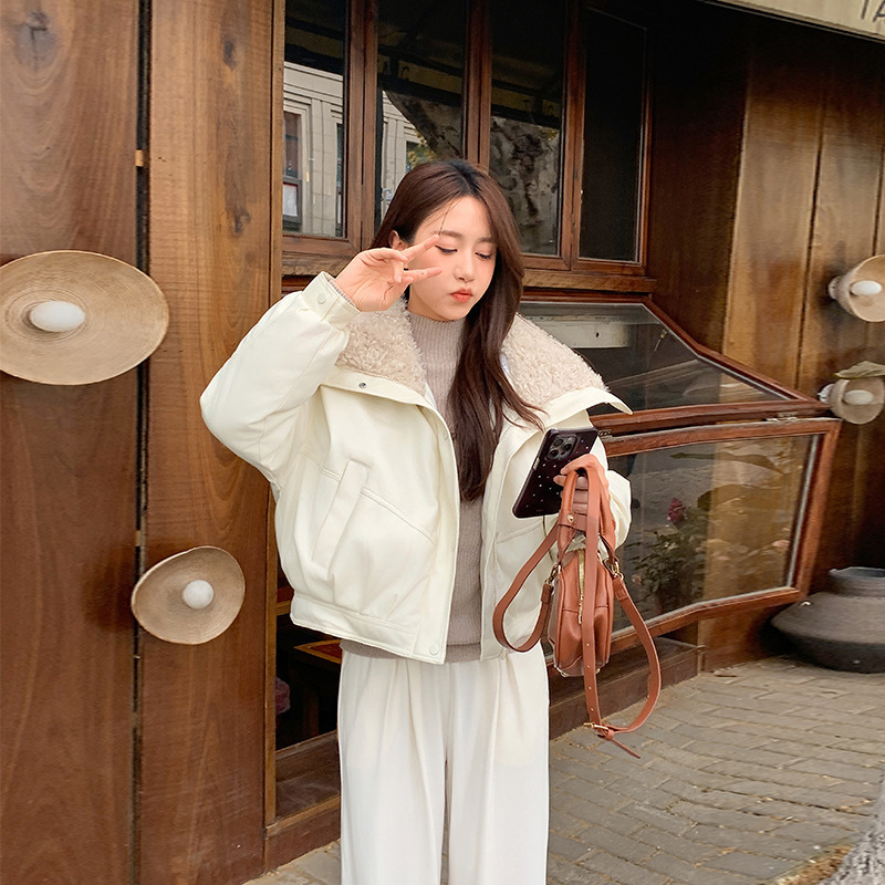 2025新款百搭小羊皮棉衣女短款羊羔毛羽绒棉服冬季翻毛领棉衣夹克|undefined