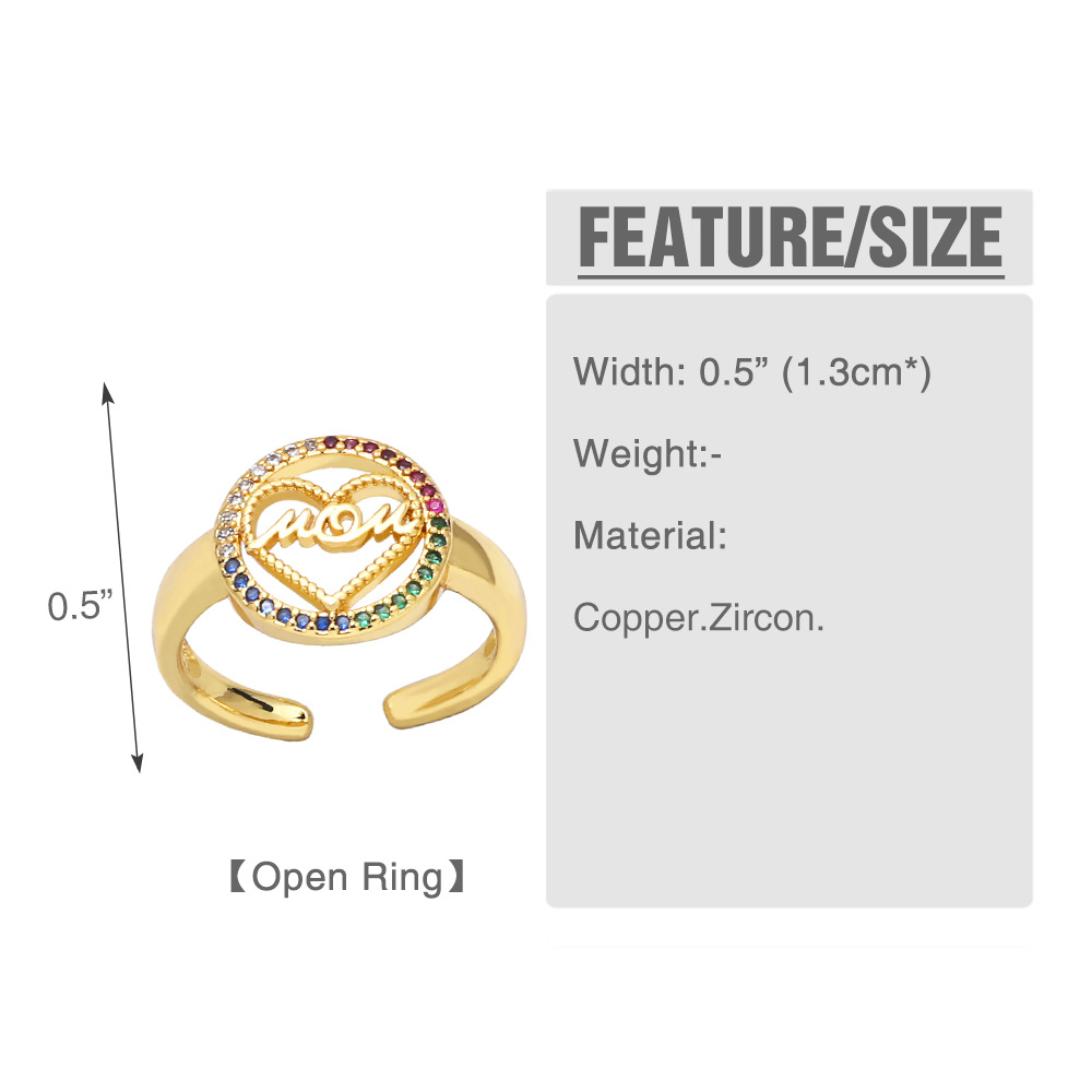 Fashion color zircon motheru0027s day mom letter opening adjustable copper ring