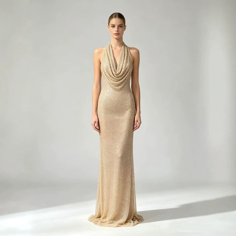European and American style halter neck deep V-neck rhinestone evening dress, sexy backless fishtail bodycon long dress for banquets and parties