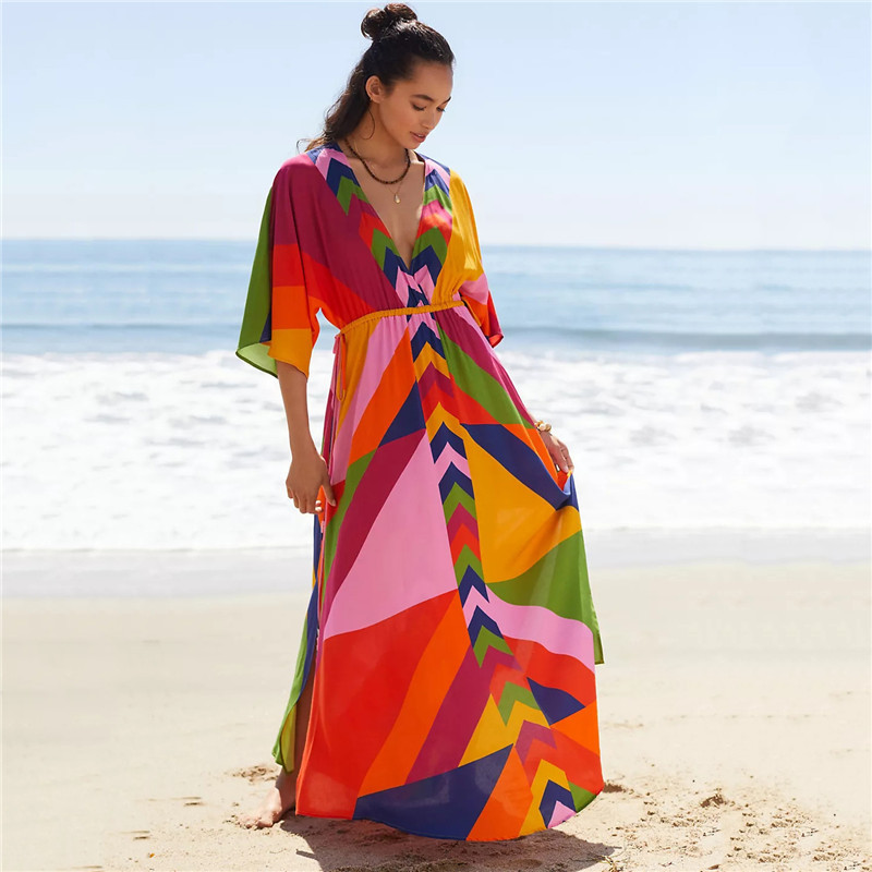 热卖非洲女装定位印花系带沙滩防晒衫 性感宽松深V领比基尼外罩衫