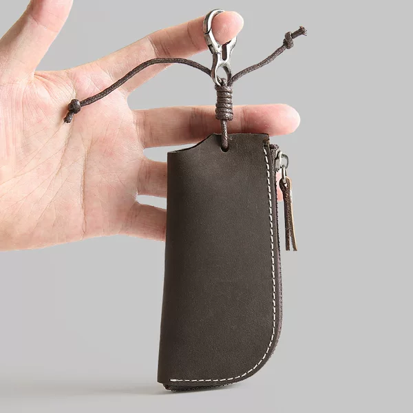Simple Genuine Leather Zipper Car Key Bag Men's Waist Hanging Crazy Horse Top Layer Cowhide Large Capacity Multifunctional Key Bag
