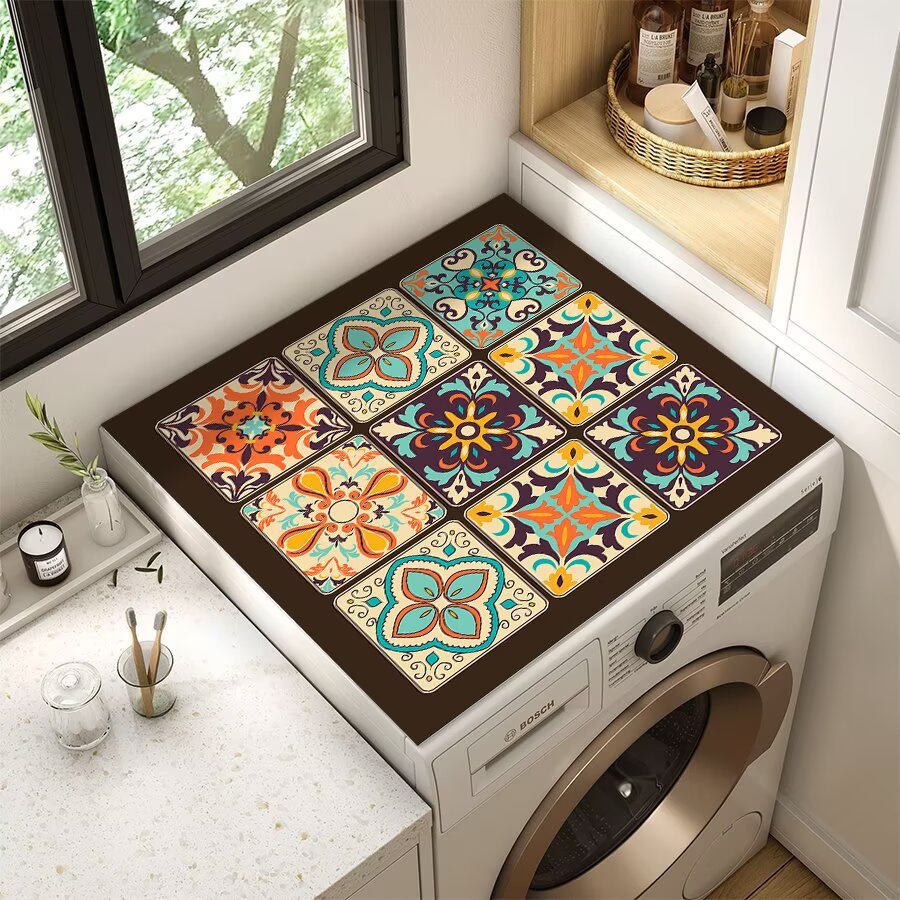 跨境复古格花砖滚筒洗衣机盖垫顶垫床头柜防尘罩保护垫微波炉盖垫