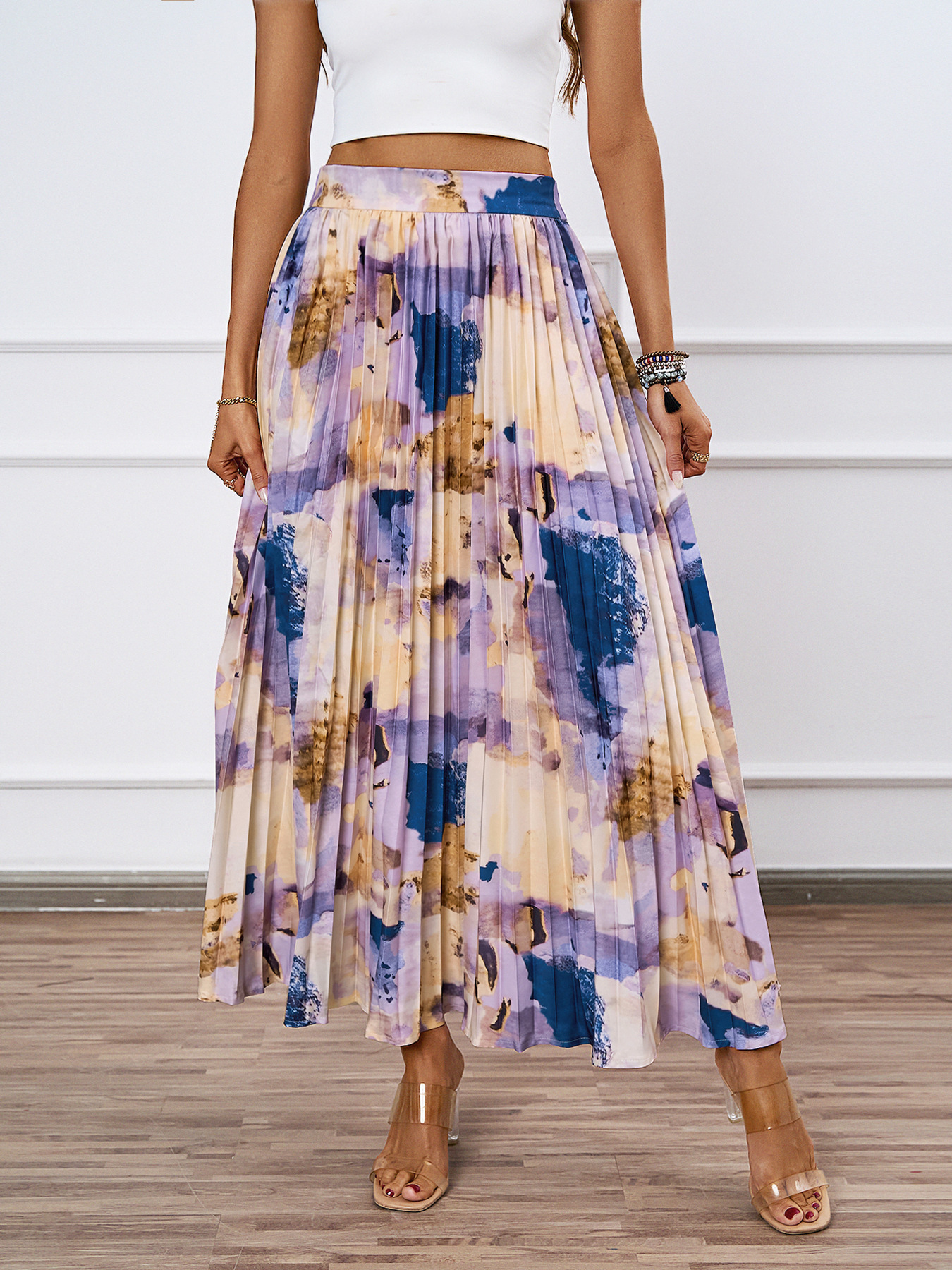 320g Weight Maxi Long Dress Dress Length Type Pleated Skirt Dresses Type Polyester Fabric Type Mid Waist Waist Line Inelastic Elasticity Holiday, Daily Occasion Regular Fit Fit Type Oil Painting Pattern Summer Season Women's Gender Casual Style Summer Casual Oil Painting Polyester Maxi Long Dress Skirts 3