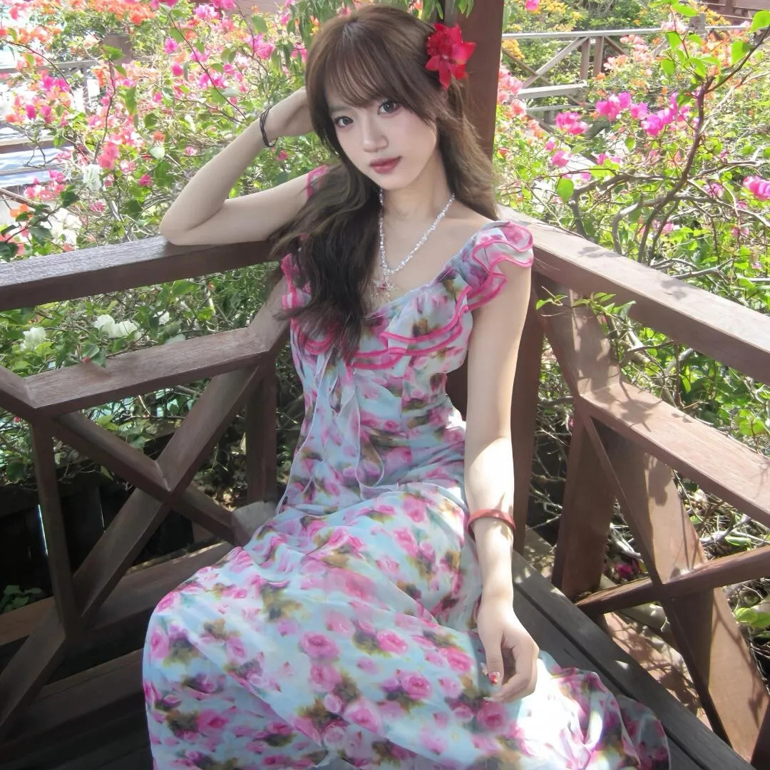 Yellow Lotus Leaf Beautiful Floral Suspender Dress Women's Summer Vacation French Summer Temperament Beach Fishtail Dress_ecoleips.com