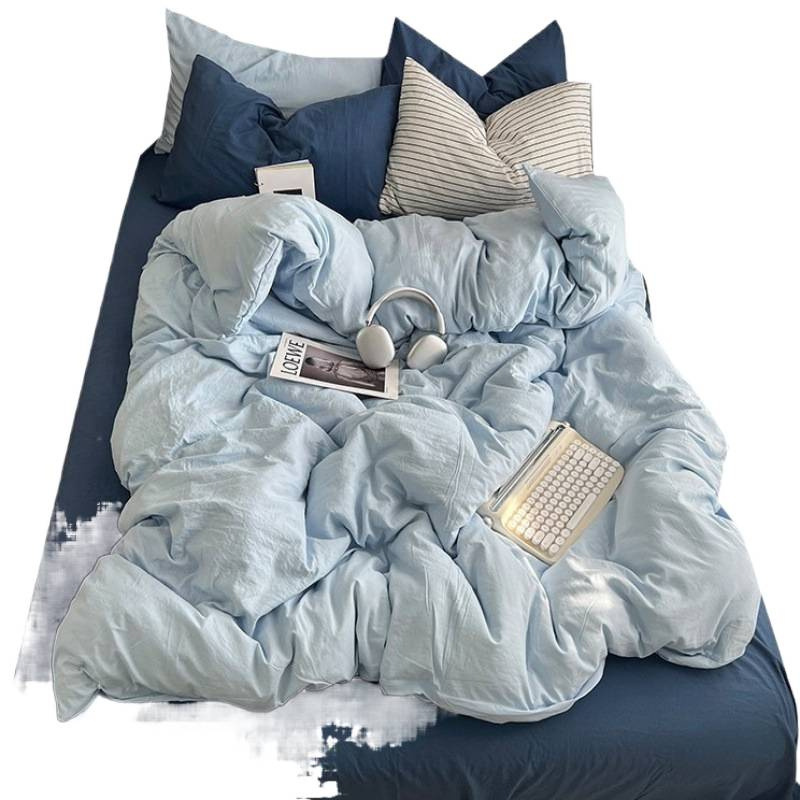 Class A Simple Solid Color Washed Cotton Four-Piece Single/Double Student Dormitory Quilt Cover Bed Sheet Three-Piece_voghion.com