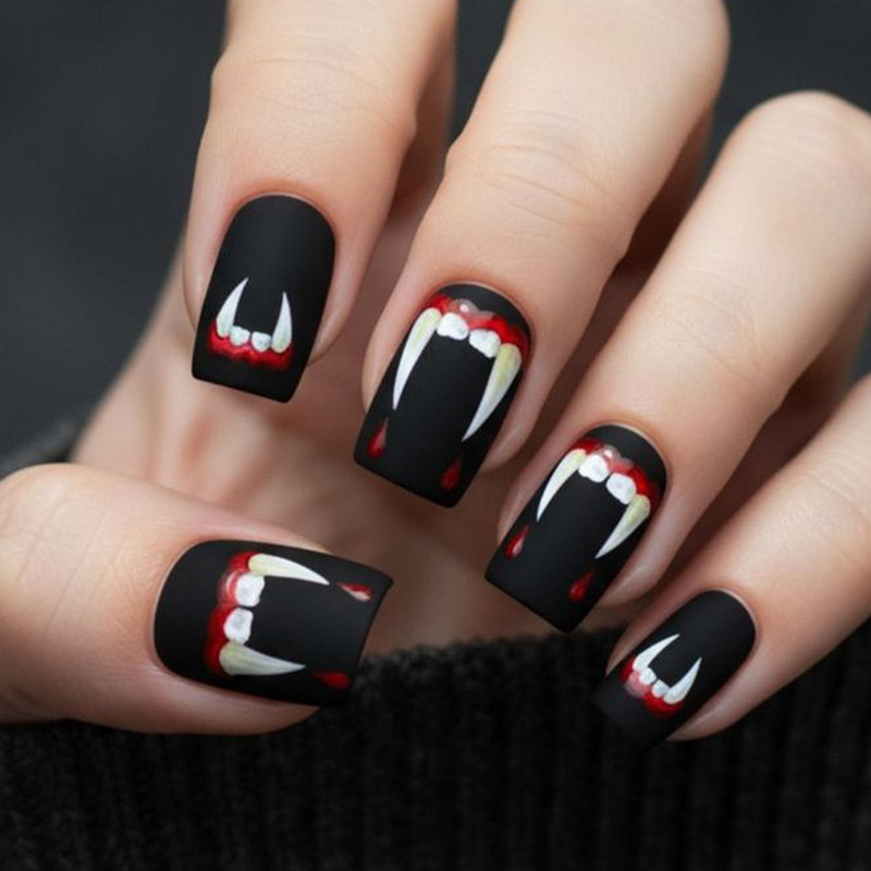 Halloween Nail Art Medium Square Black Matte Horror Blood Drop Teeth Pattern Printed Fake Nail Stickers Halloween Nail Art Medium Square Black Matte Horror Blood Drop Teeth Pattern Printed Fake Nail Stickers