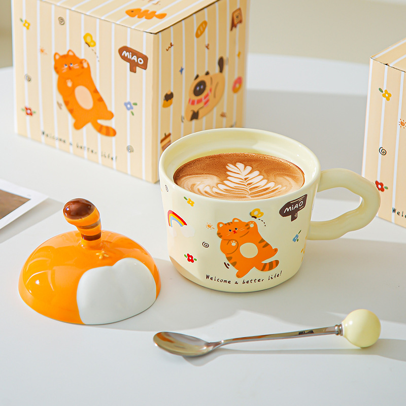 Divertido gato de dibujos animados tazas con cubierta de oficina adorable ins tazas de cerámica tazas de regalo creativas personales
