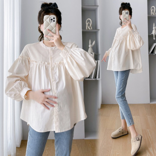 Real shot 2024 autumn new pregnant women Korean stitching loose doll shirt top