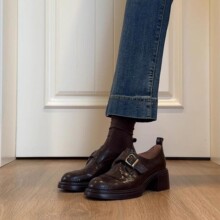 羊皮版~复古皮带扣深口乐福鞋女通勤粗跟一脚蹬英伦风小皮鞋单鞋