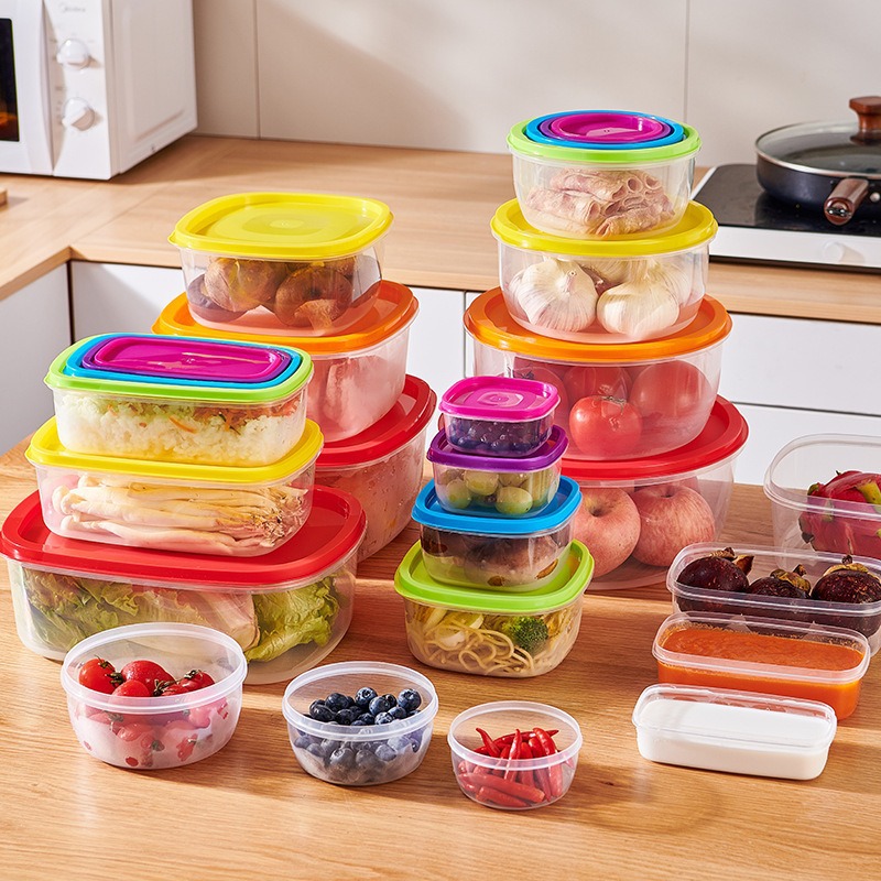 Caja de almacenamiento de plástico redonda arcoíris caja de almacenamiento de refrigerador de siete piezas caja de almacenamiento de alimentos caja de almuerzo de microondas caja de almuerzo