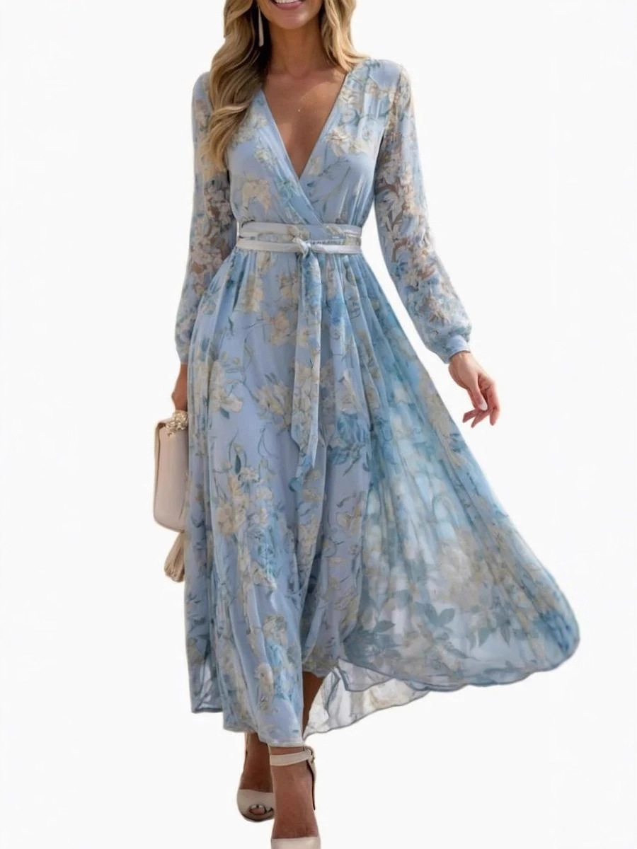 2025 European and American Women's Clothing Chiffon Floral Dress Women's Fashionable Long-Sleeved Collar French Long Skirt Spring Dress