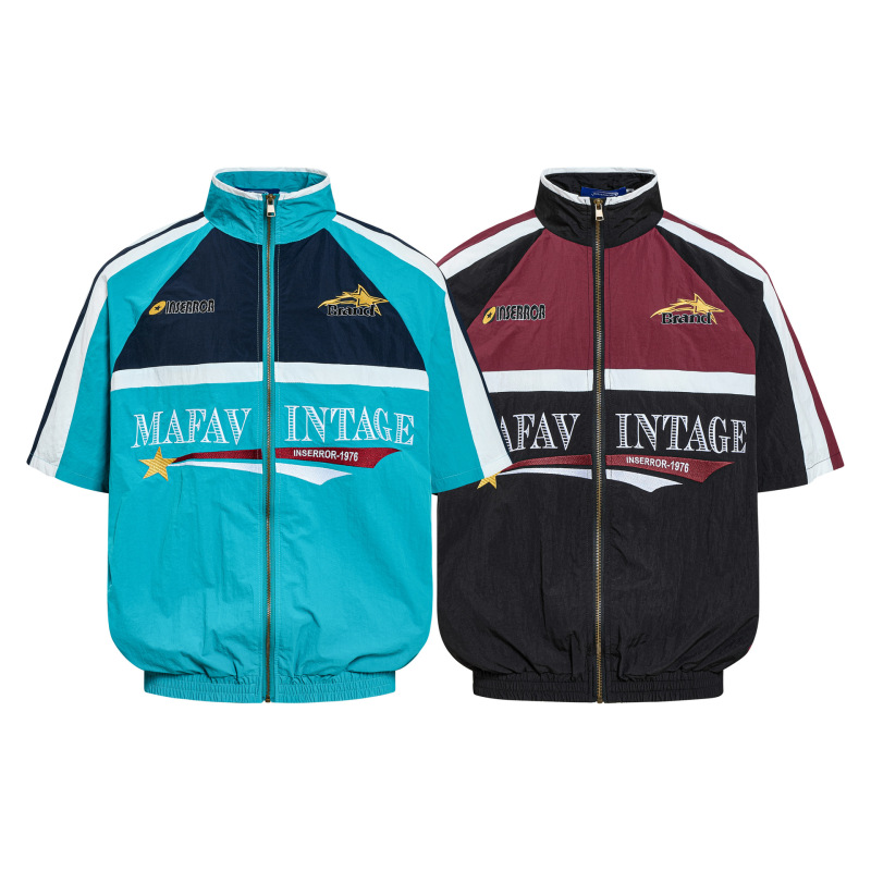 American Retro Trendy Brand Campus-Style Baseball Jacket Short-Sleeve Heavy Embroidery Color-Blocking Deconstructed Biker-Style Flight Jacket