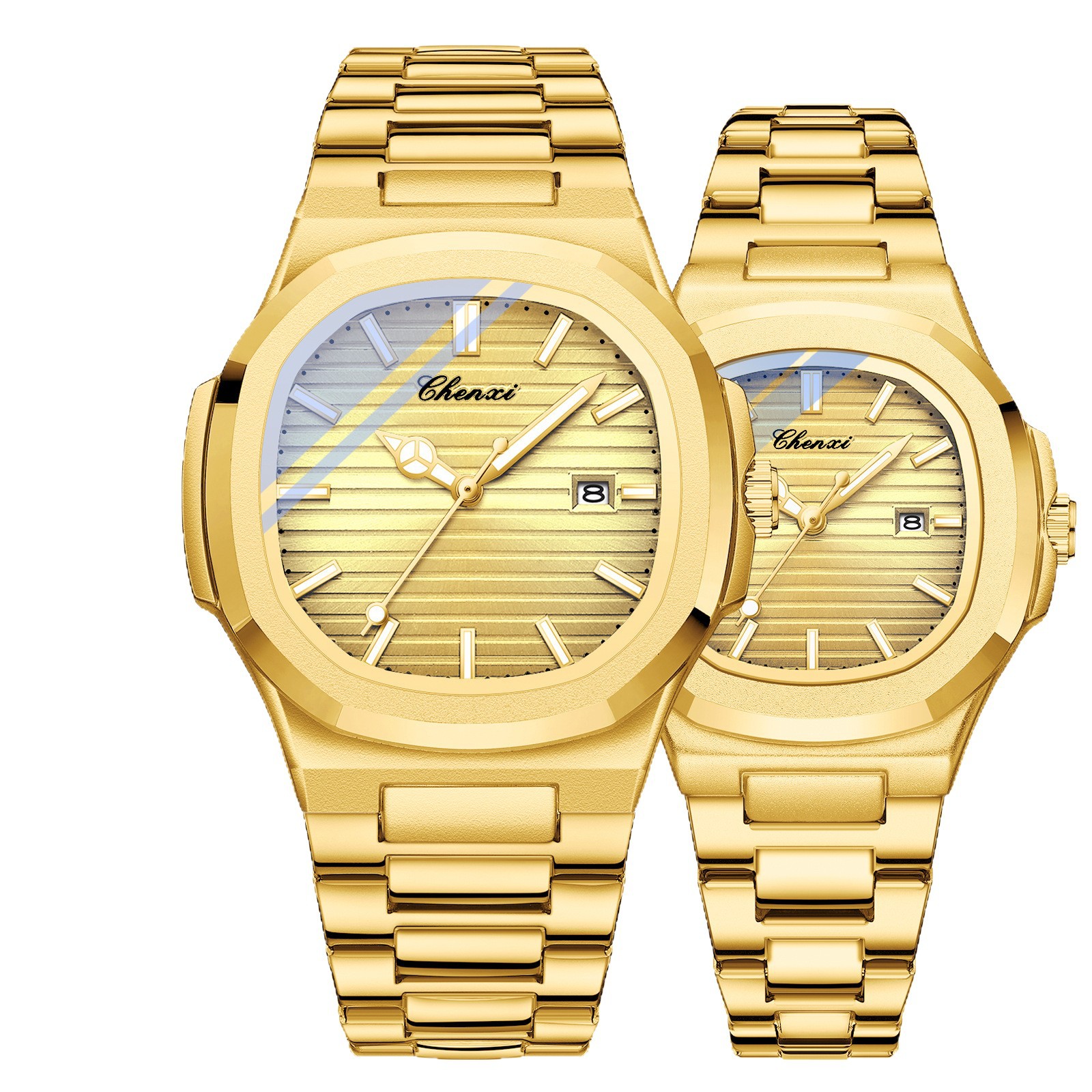 Chenxi transfronterizo venta caliente correa de acero reloj pareja luminosa impermeable simple moda negocio calendario hombres y mujeres reloj de cuarzo