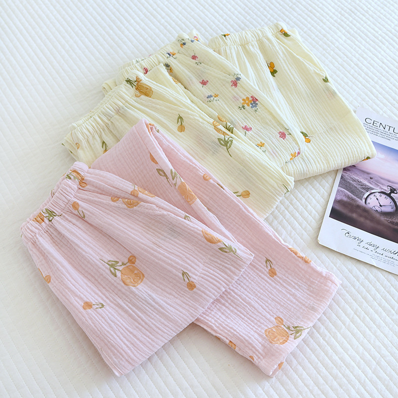 Spring And Summer New Trousers Women's Cute Flowers Thin Section 100%Cotton Crepe Casual Pants Loose Home Pants Women Bottoms