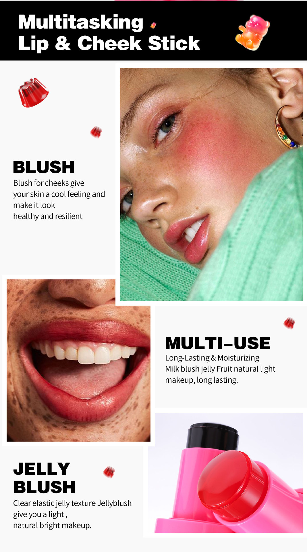 Cross-border Blush Stick: Moisturizing and long-lasting, jelly-like texture HANDAIYAN Matte 9-color heart-shaped Jelly Blush stick Application Scenario