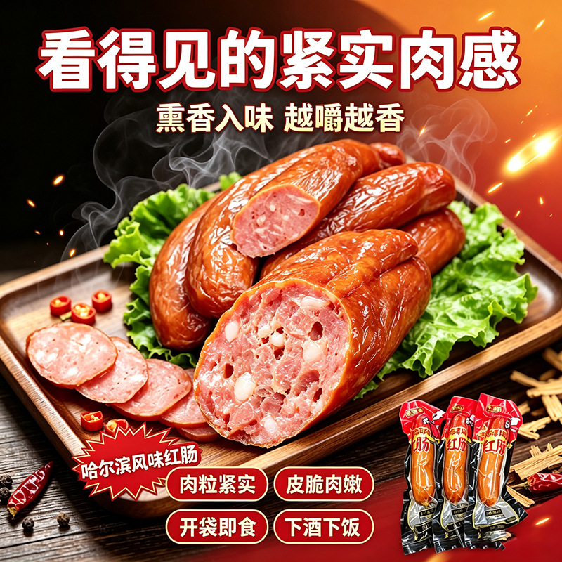 哈尔滨风味红肠90g老式红皮香肠果木熏烤蒜香红肠开袋即食火腿肠