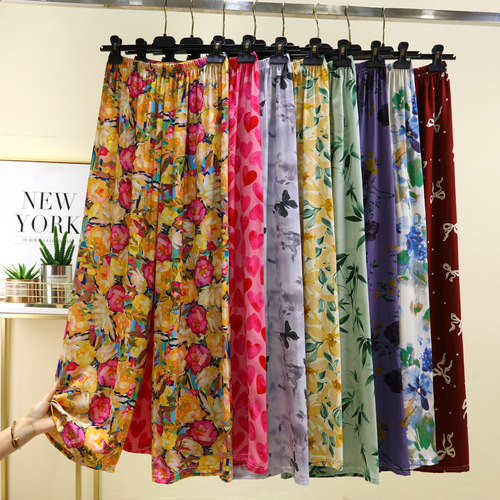 French retro high-end wide-leg pants for women, spring and summer plus-size floor-length pants, summer elastic waist French romantic